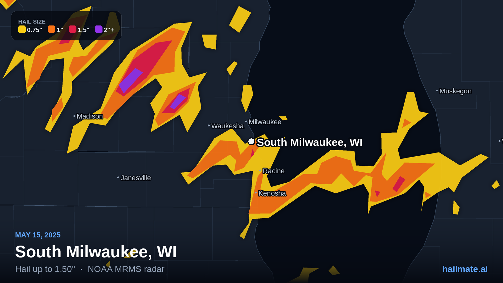 Hail swath map for South Milwaukee, WI on May 15, 2025 showing 1.50 inch hail.