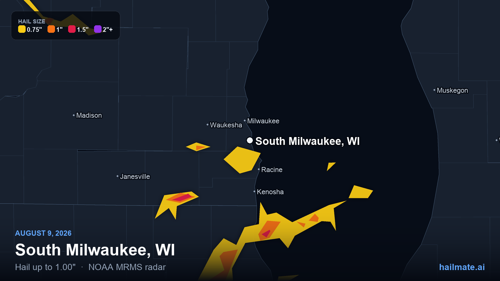 Hail swath map for South Milwaukee, WI on August 9, 2026 showing 1.00 inch hail.