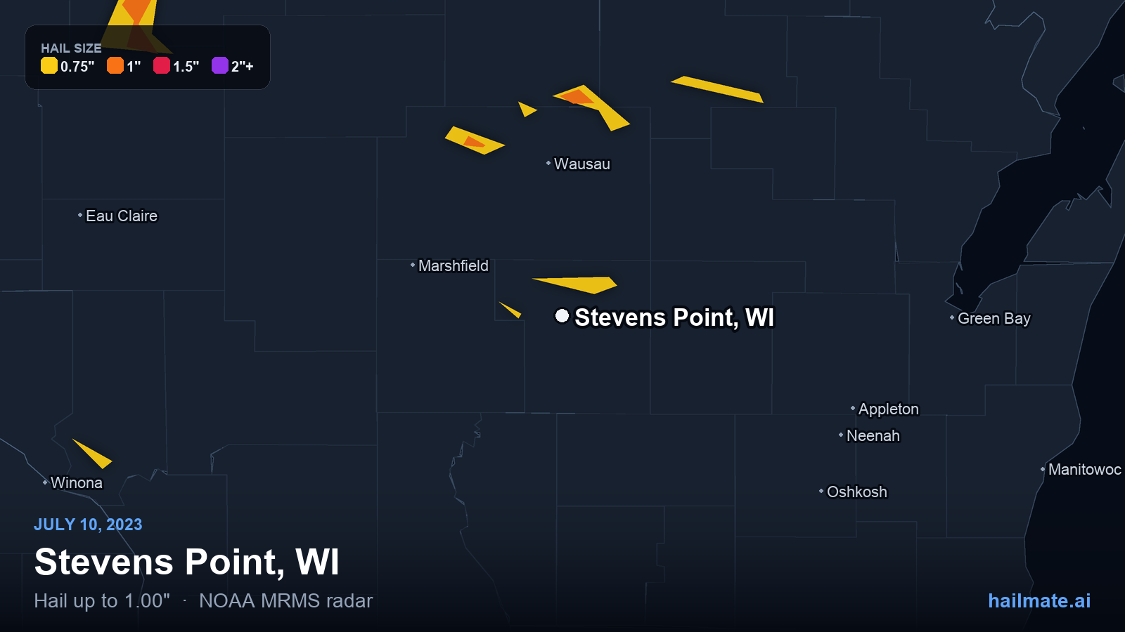 Hail swath map for Stevens Point, WI on July 10, 2023 showing 1.00 inch hail.