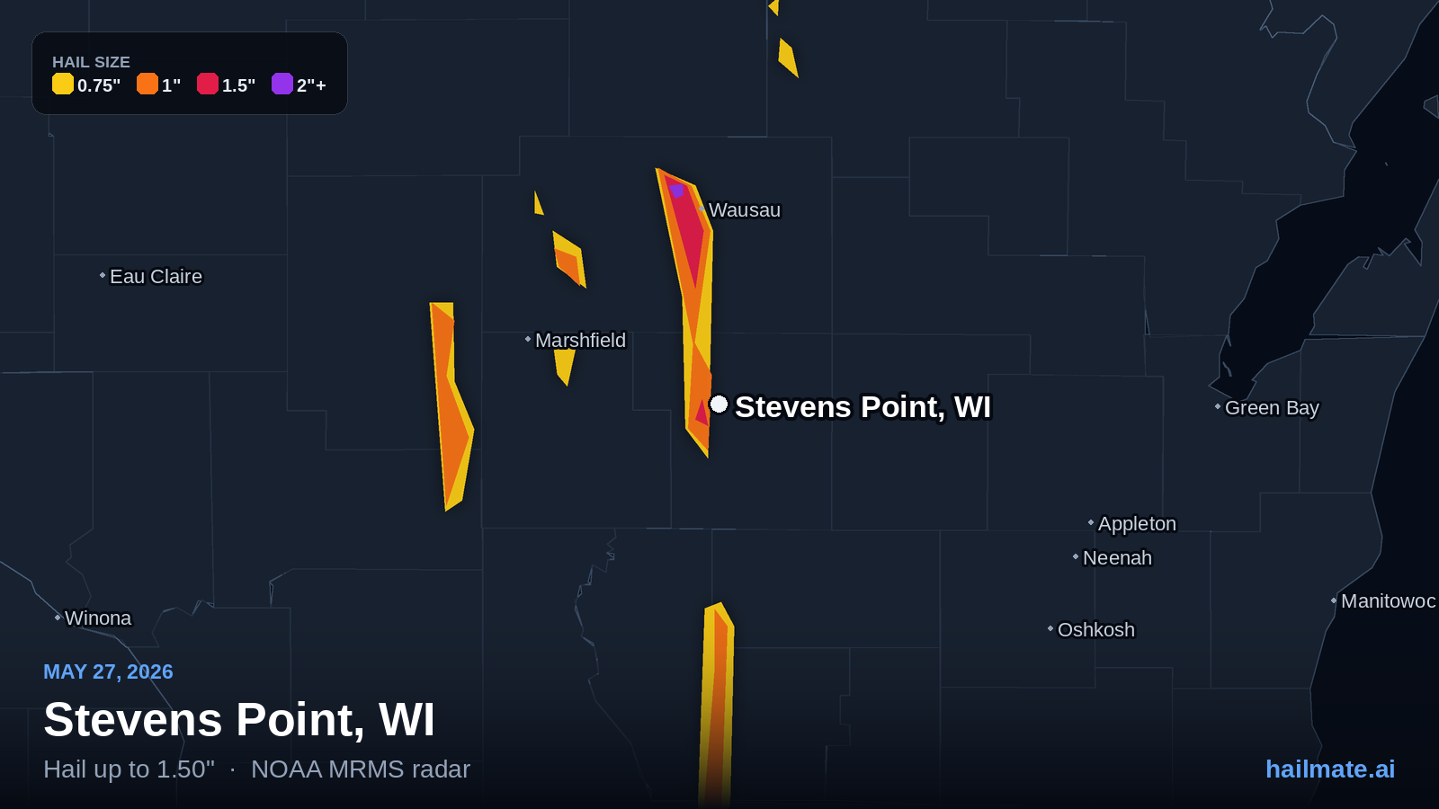 Hail swath map for Stevens Point, WI on May 27, 2026 showing 1.50 inch hail.