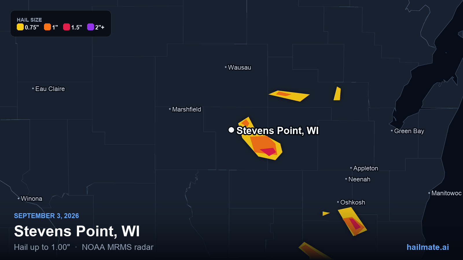 Hail swath map for Stevens Point, WI on September 3, 2026 showing 1.00 inch hail.
