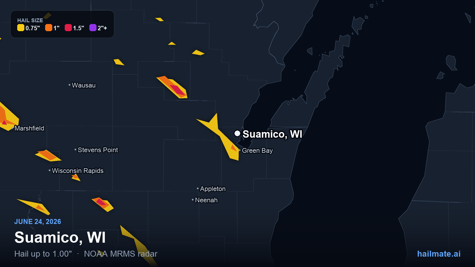 Hail swath map for Suamico, WI on June 24, 2026 showing 1.00 inch hail.