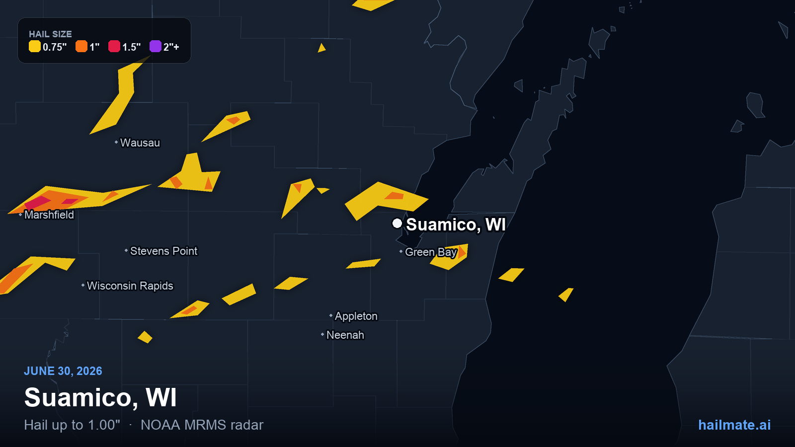 Hail swath map for Suamico, WI on June 30, 2026 showing 1.00 inch hail.