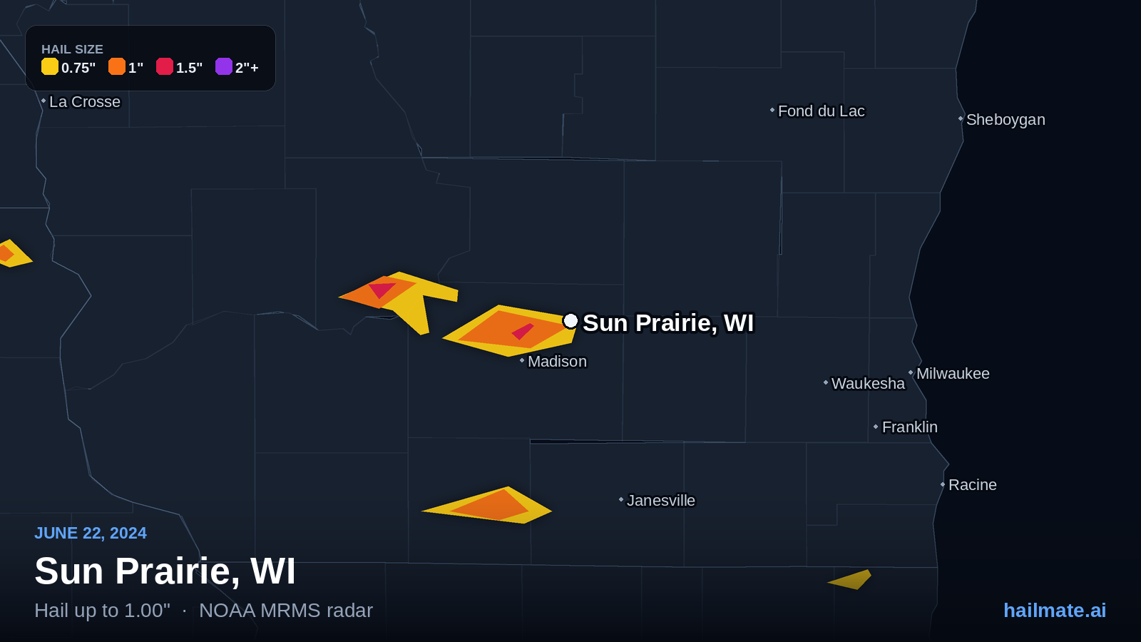 Hail swath map for Sun Prairie, WI on June 22, 2024 showing 1.00 inch hail.