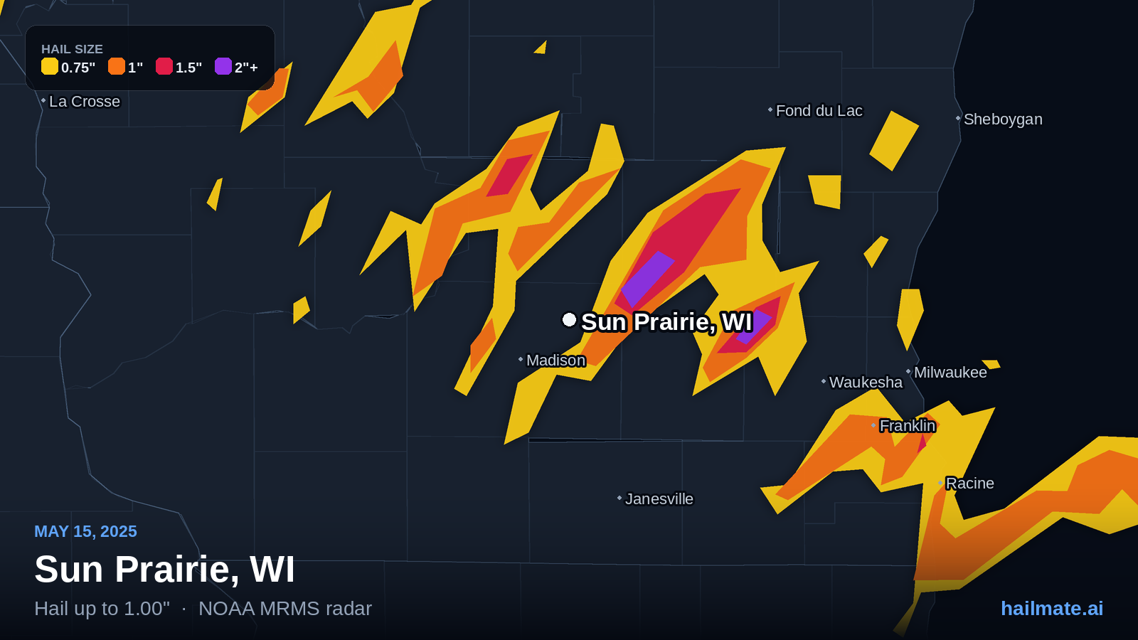 Hail swath map for Sun Prairie, WI on May 15, 2025 showing 1.00 inch hail.