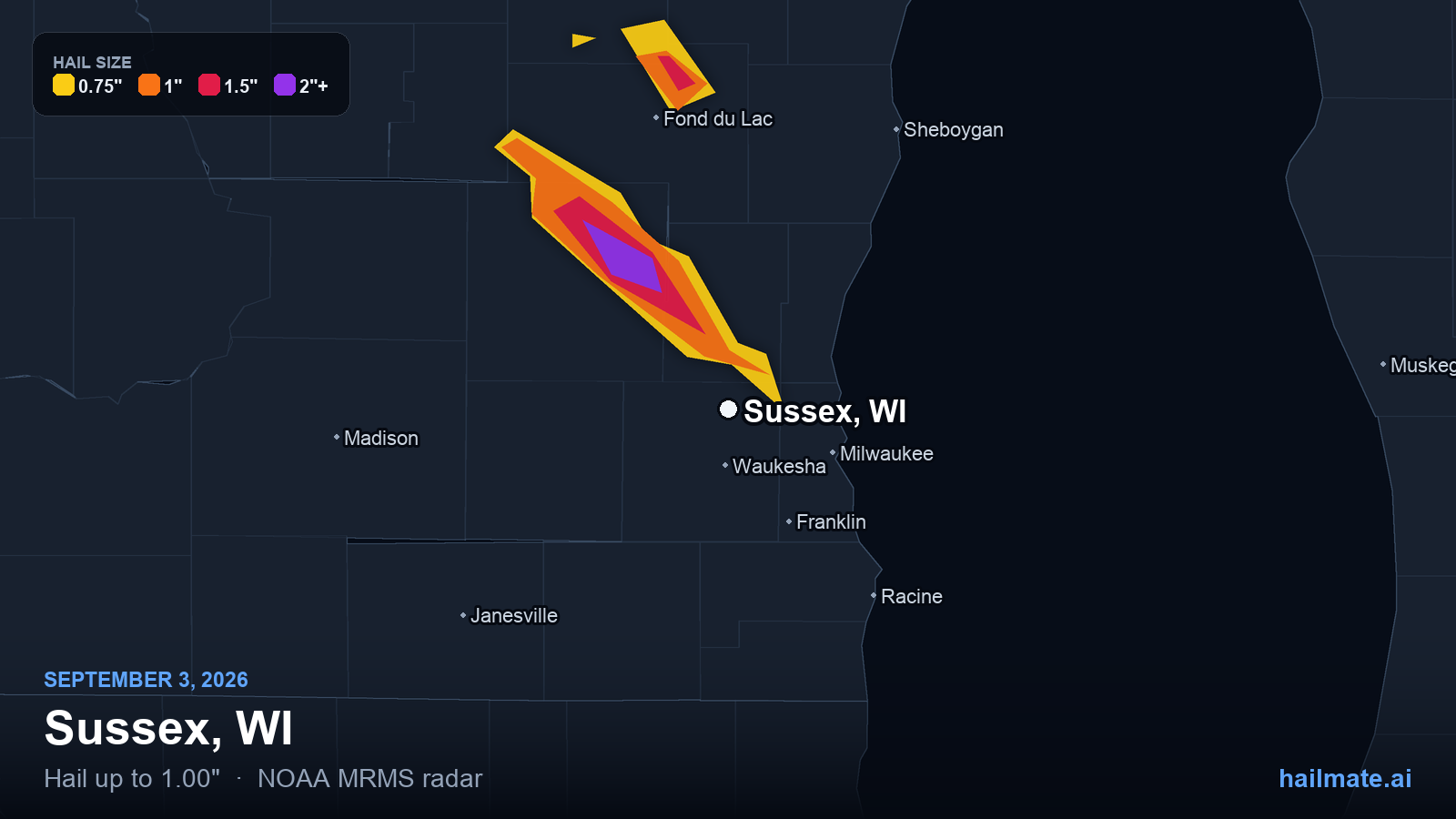 Hail swath map for Sussex, WI on September 3, 2026 showing 1.00 inch hail.