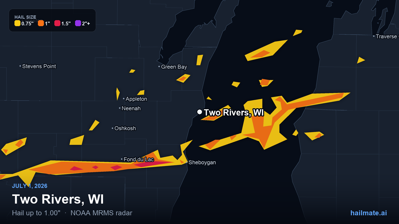 Hail swath map for Two Rivers, WI on July 1, 2026 showing 1.00 inch hail.