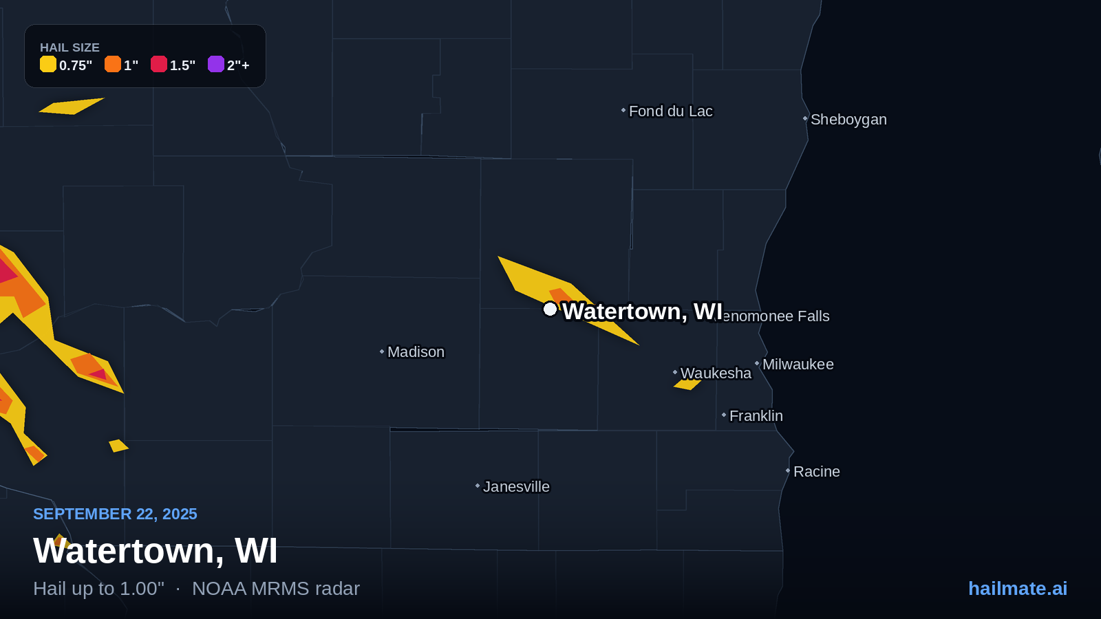 Hail swath map for Watertown, WI on September 22, 2025 showing 1.00 inch hail.