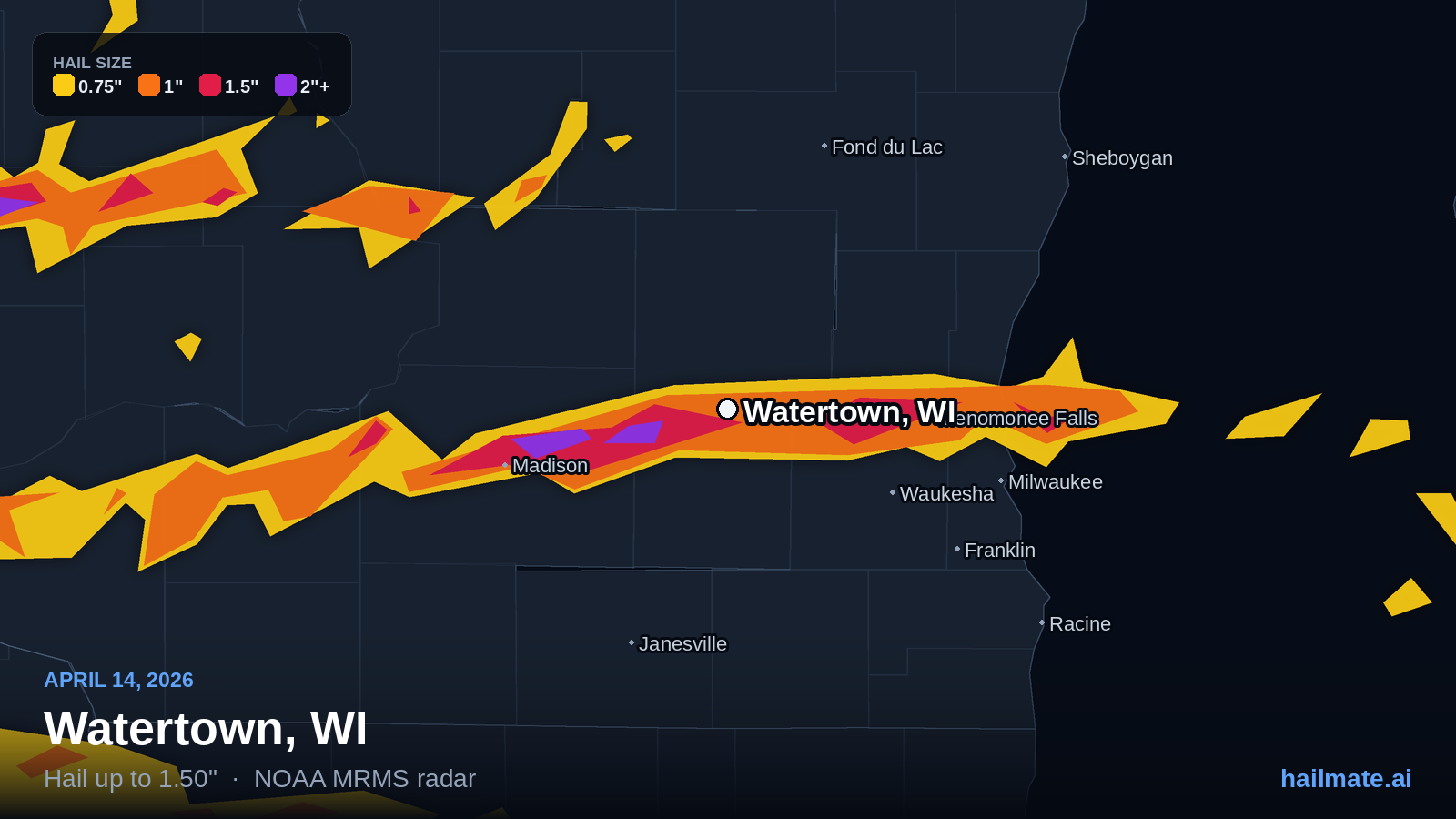 Hail swath map for Watertown, WI on April 14, 2026 showing 1.50 inch hail.