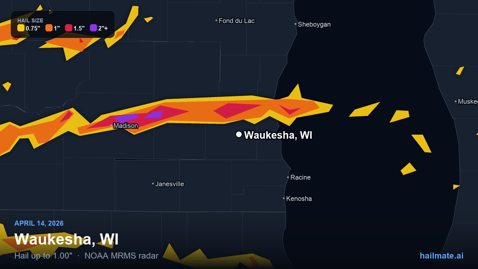 Hail swath map for Waukesha, WI on April 14, 2026 showing 1.00 inch hail.