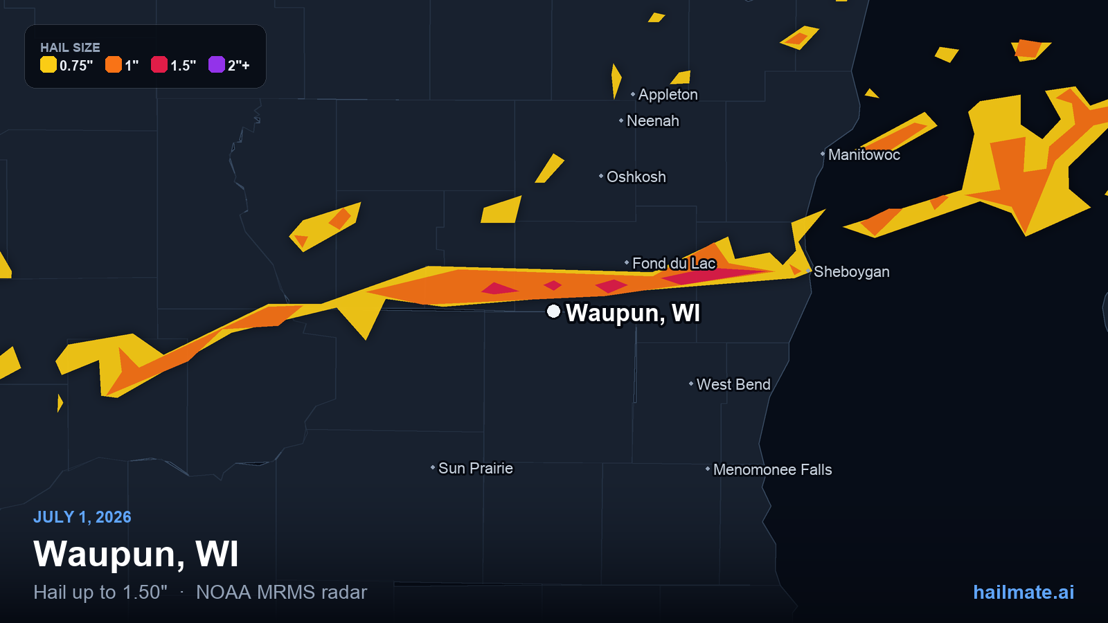 Hail swath map for Waupun, WI on July 1, 2026 showing 1.50 inch hail.