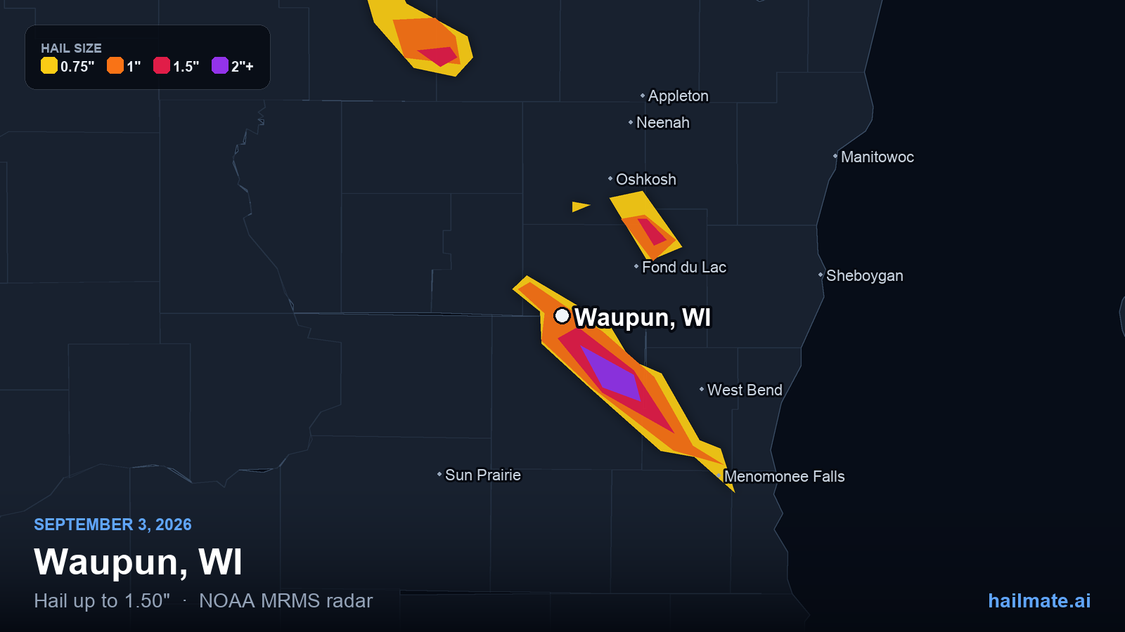 Hail swath map for Waupun, WI on September 3, 2026 showing 1.50 inch hail.