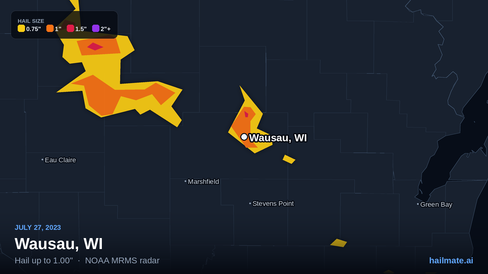 Hail swath map for Wausau, WI on July 27, 2023 showing 1.00 inch hail.