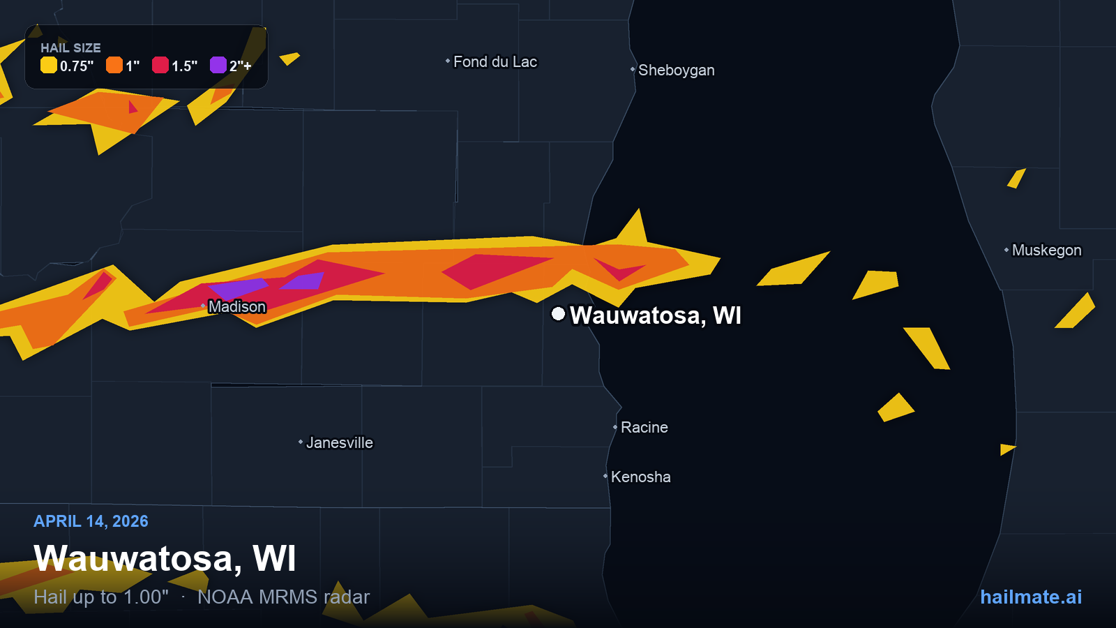 Hail swath map for Wauwatosa, WI on April 14, 2026 showing 1.00 inch hail.