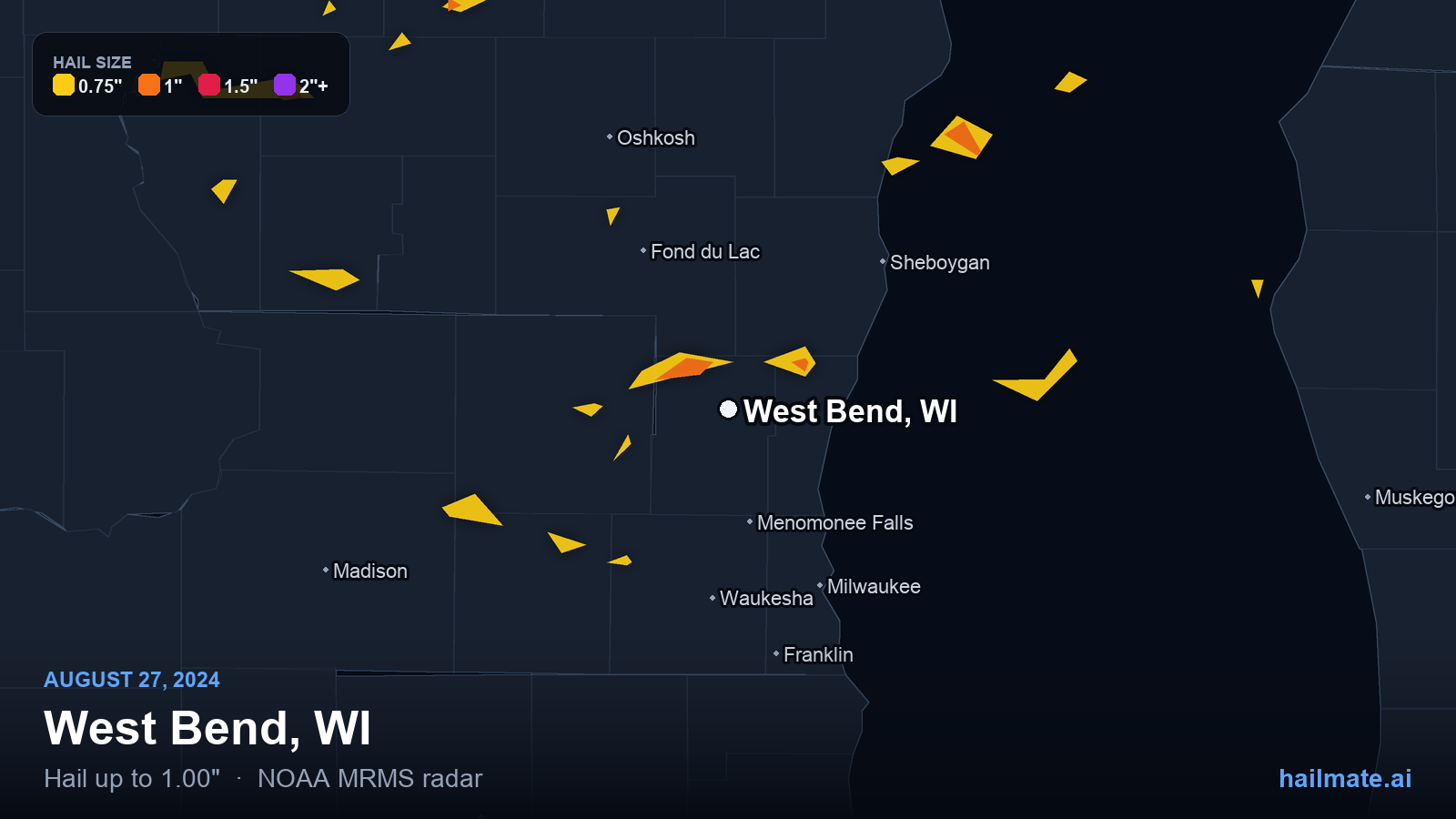 Hail swath map for West Bend, WI on August 27, 2024 showing 1.00 inch hail.