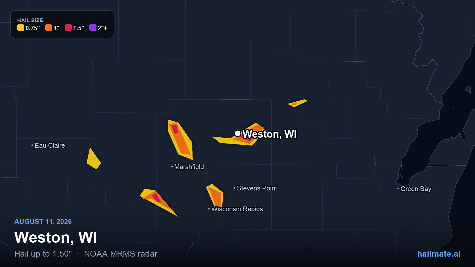 Hail swath map for Weston, WI on August 11, 2026 showing 1.50 inch hail.