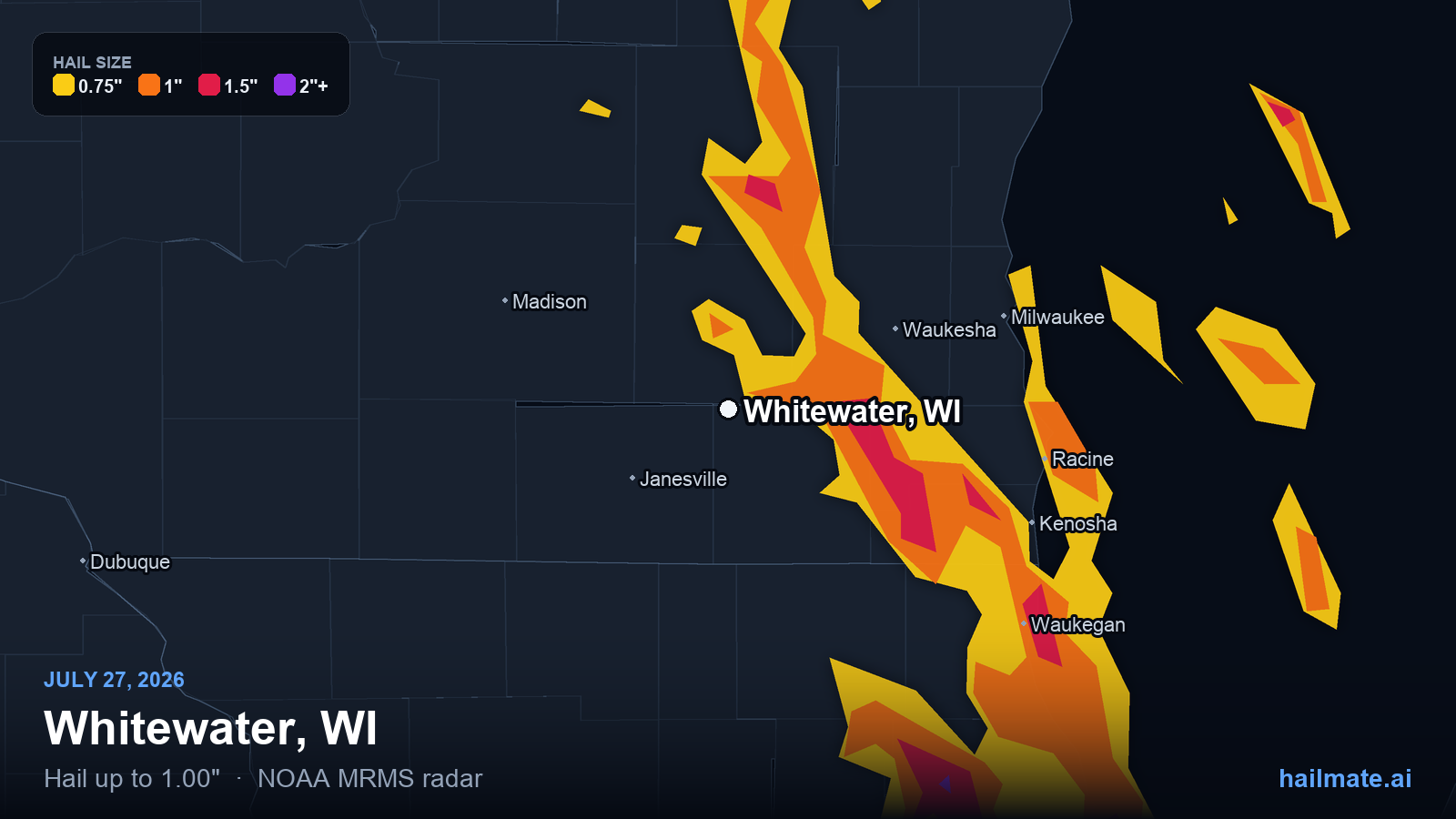 Hail swath map for Whitewater, WI on July 27, 2026 showing 1.00 inch hail.