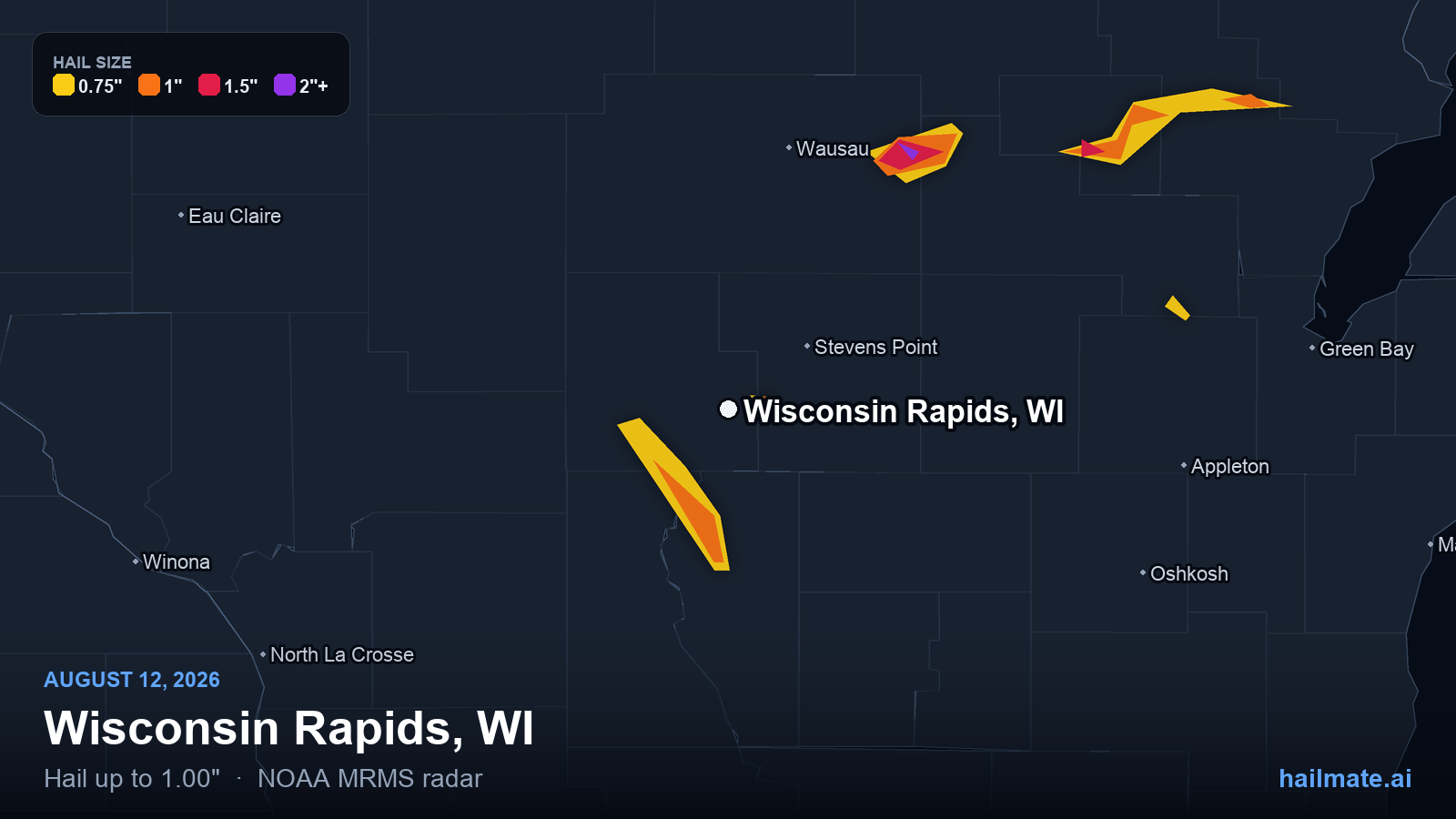 Hail swath map for Wisconsin Rapids, WI on August 12, 2026 showing 1.00 inch hail.