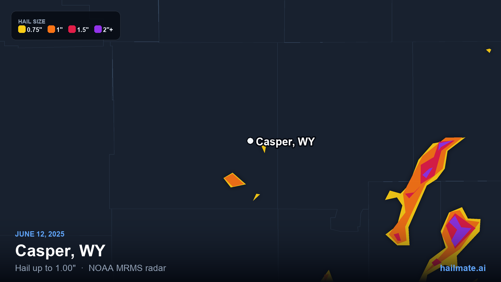 Hail swath map for Casper, WY on June 12, 2025 showing 1.00 inch hail.