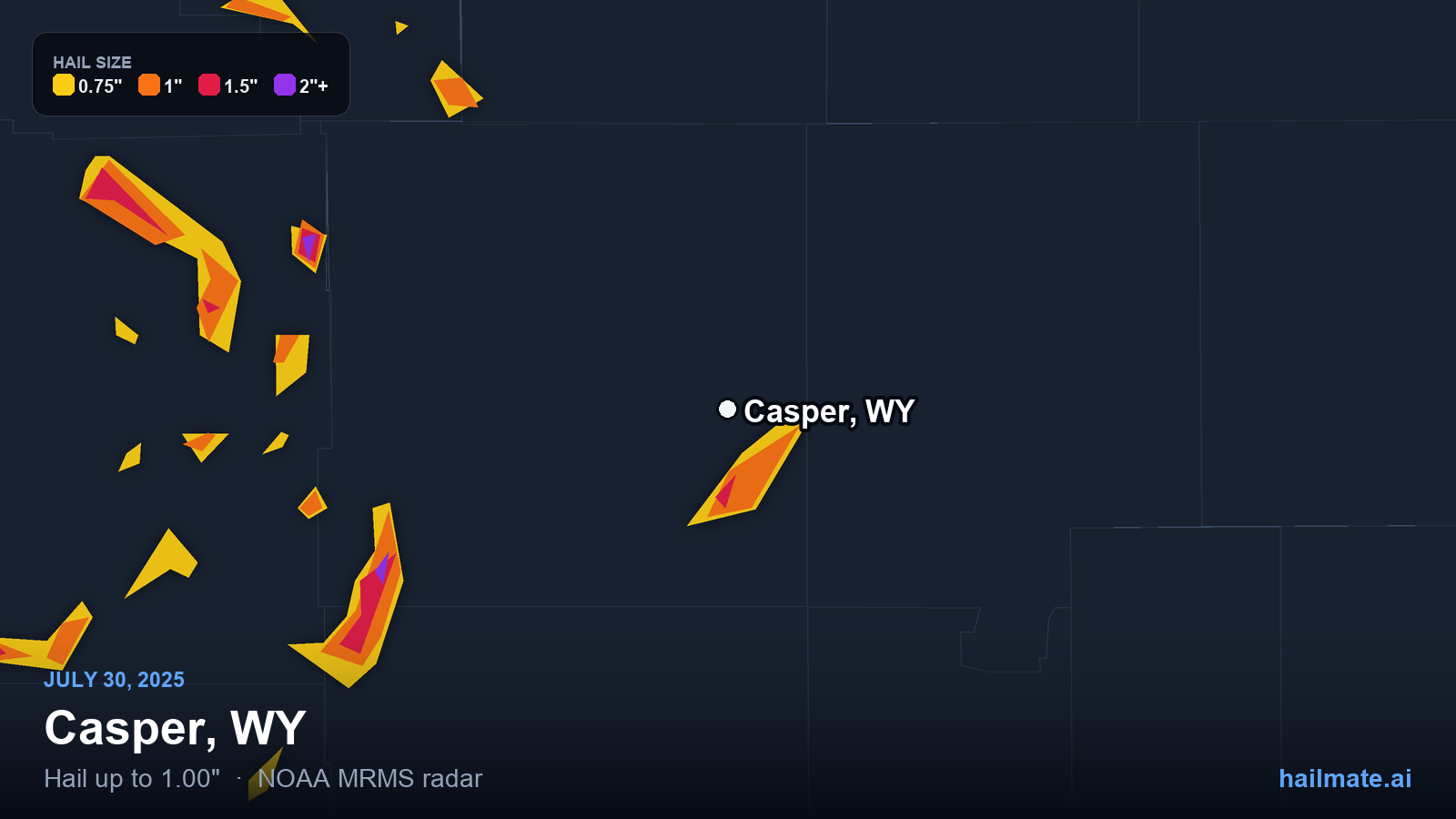 Hail swath map for Casper, WY on July 30, 2025 showing 1.00 inch hail.