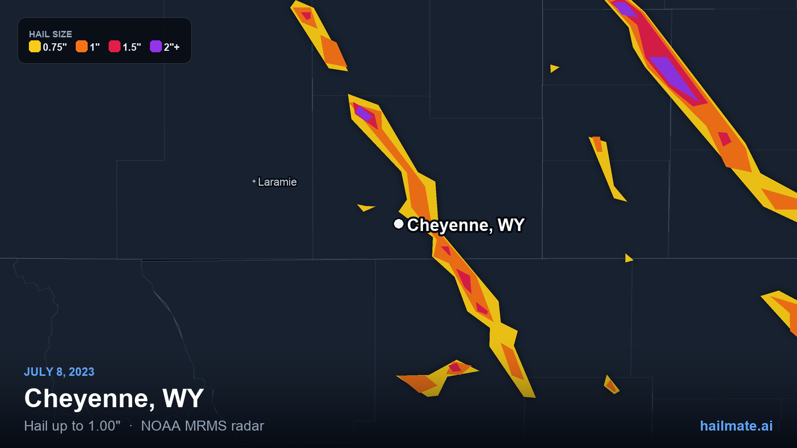 Hail swath map for Cheyenne, WY on July 8, 2023 showing 1.00 inch hail.