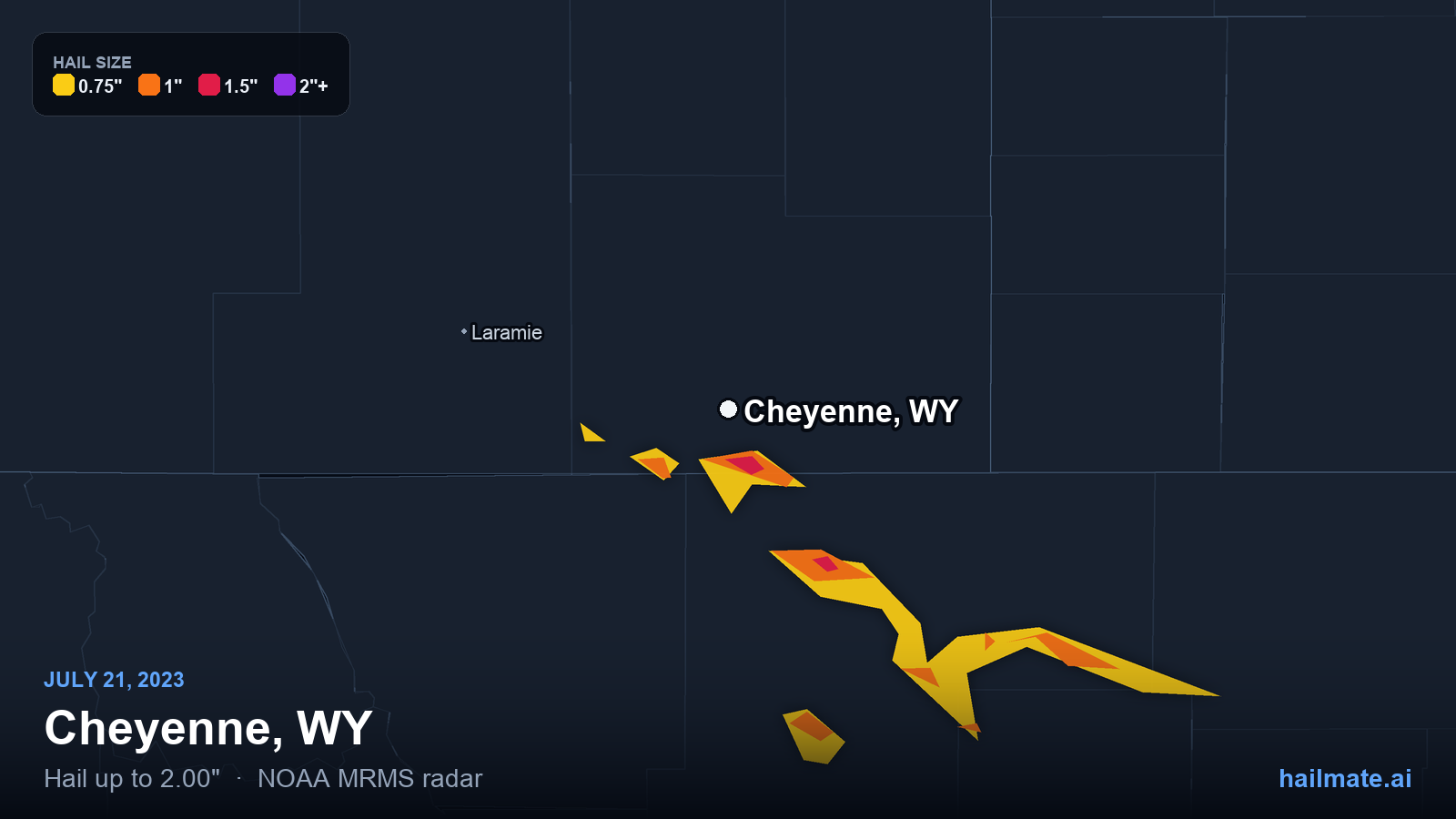 Hail swath map for Cheyenne, WY on July 21, 2023 showing 2.00 inch hail.