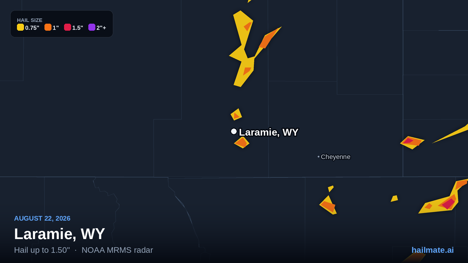 Hail swath map for Laramie, WY on August 22, 2026 showing 1.50 inch hail.