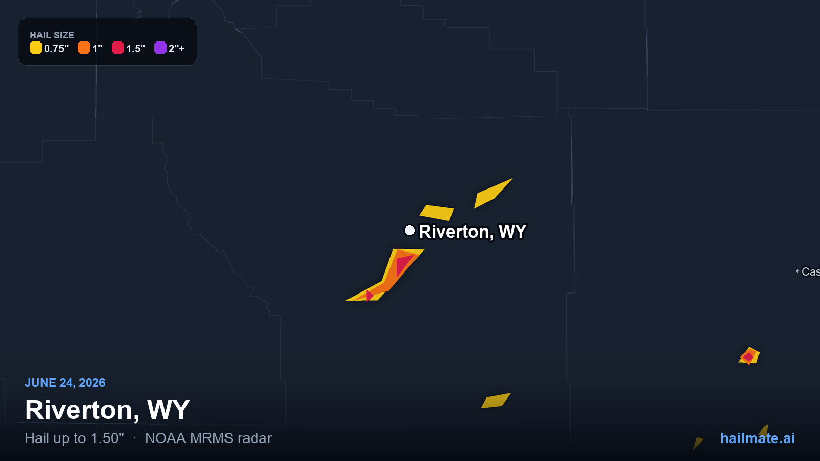 Hail swath map for Riverton, WY on June 24, 2026 showing 1.50 inch hail.